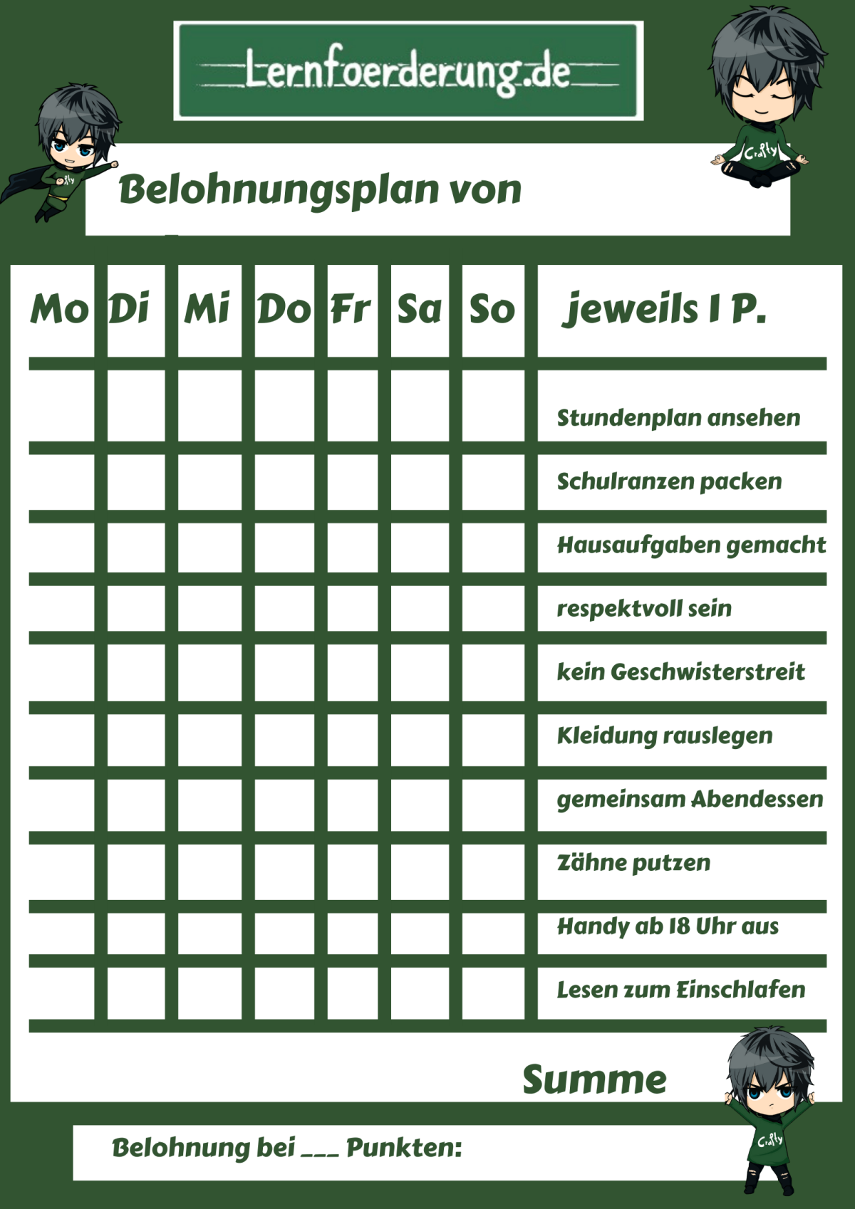 Belohnungsplan Kostenlos Belohnungstafel Kinder Vorlage Zum Ausdrucken